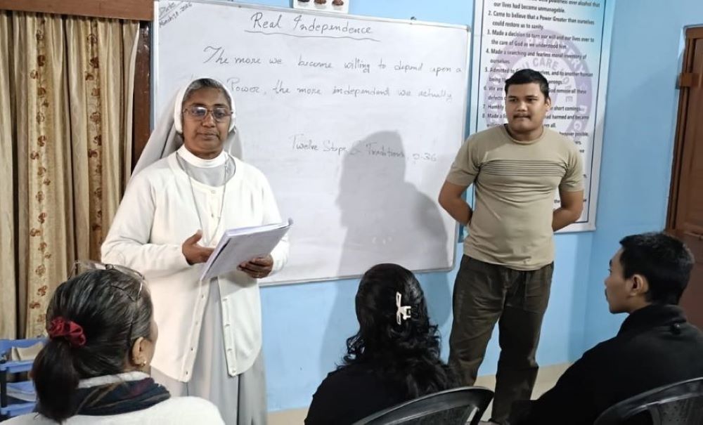 Hospitaller Sr. Merin Lukose conducts a therapeutic session for the residents of the Orsini Care Home with substance use disorder at Bongaigaon, a town in the northeastern Indian state of Assam. (Courtesy of Merin Lukose)