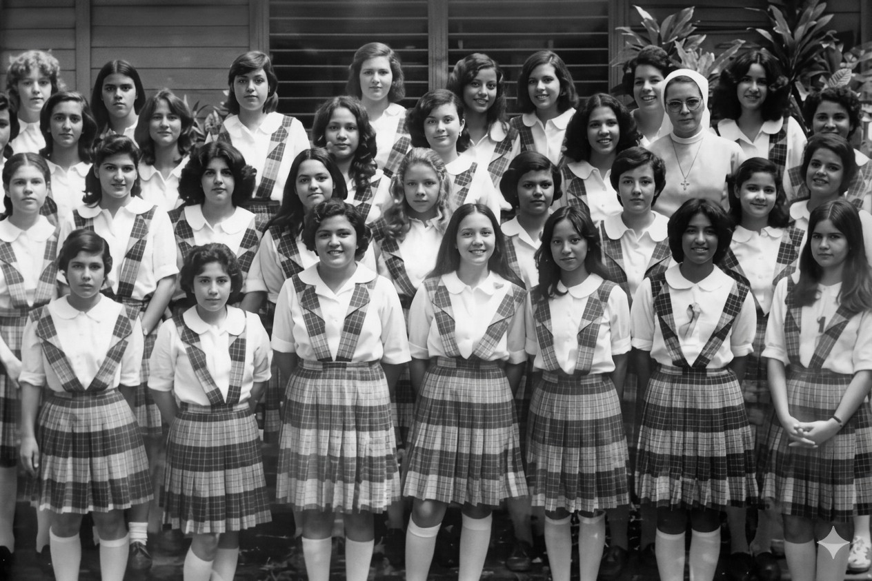 Hna. Giselle Gómez con sus primeras alumnas, en 1978, en el Colegio Teresiano de Managua, Nicaragua. (Foto: cortesía Giselle Gómez, restaurada con IA)