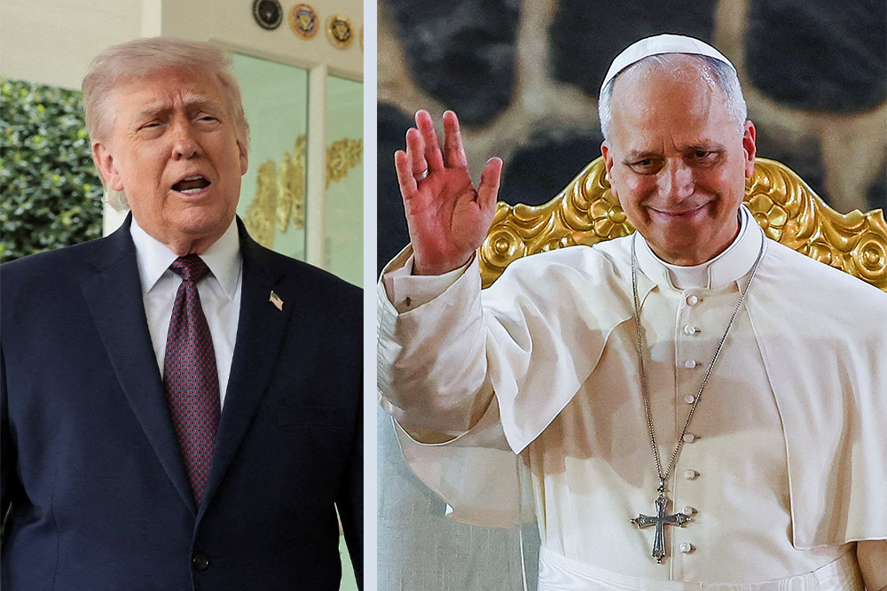 Left: U.S. President Donald Trump speaks with reporters outside the Oval Office at the White House in Washington, April 13, 2026 (OSV News/Reuters/Jonathan Ernst). Right: Pope Leo XIV waves as he attends a Meeting for Peace at St. Joseph's Cathedral in Bamenda, Cameroon, April 16, 2026 (OSV News/Reuters/Guglielmo Mangiapane).
