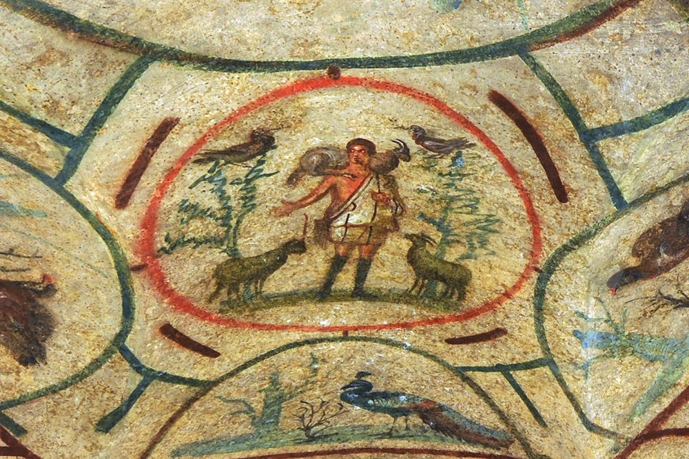 The third-century Good Shepherd fresco is seen on a ceiling in the Catacomb of Priscilla in Rome. (Newscom/ABACA/Vandeville Eric)