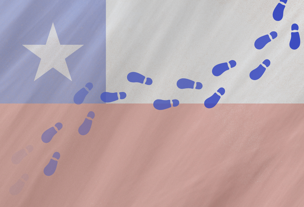 Chilean flag with footprints walking across (GSR graphic/Olivia Bardo)