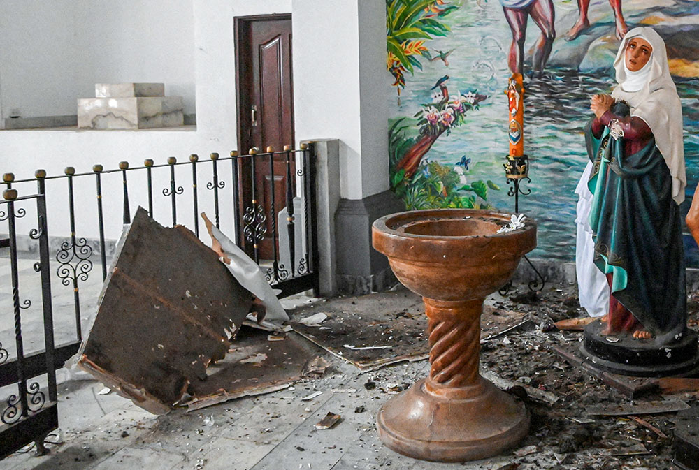 Debris lies inside the Cathedral of San Buenaventura in Colombia, Aug. 16, 2026, following the 7.4 magnitude earthquake. (OSV News/Reuters/Ever Andres Mercado)