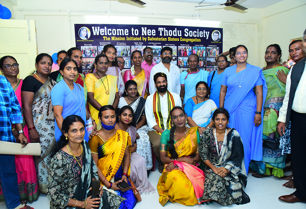 Salvatorian Srs. Amitha Polimetla (standing, fourth from right) and Sudha Rani Sankili with members of the Nee Thodu Society at their Sustainable Livelihood Centre in Visakhapatnam, Andhra Pradesh, southeastern India. (Courtesy of Amitha Polimetla)