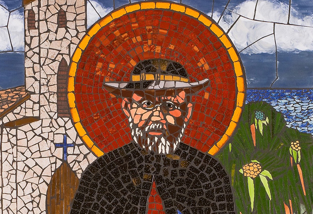 Damien de Veuster, a Belgian missionary priest famed for his work with leprosy patients in Hawaii, is depicted in a mosaic by Karen Lucas at Immaculate Conception Church in Lihue, Hawaii. (CNS/Courtesy of the Diocese of Honolulu)