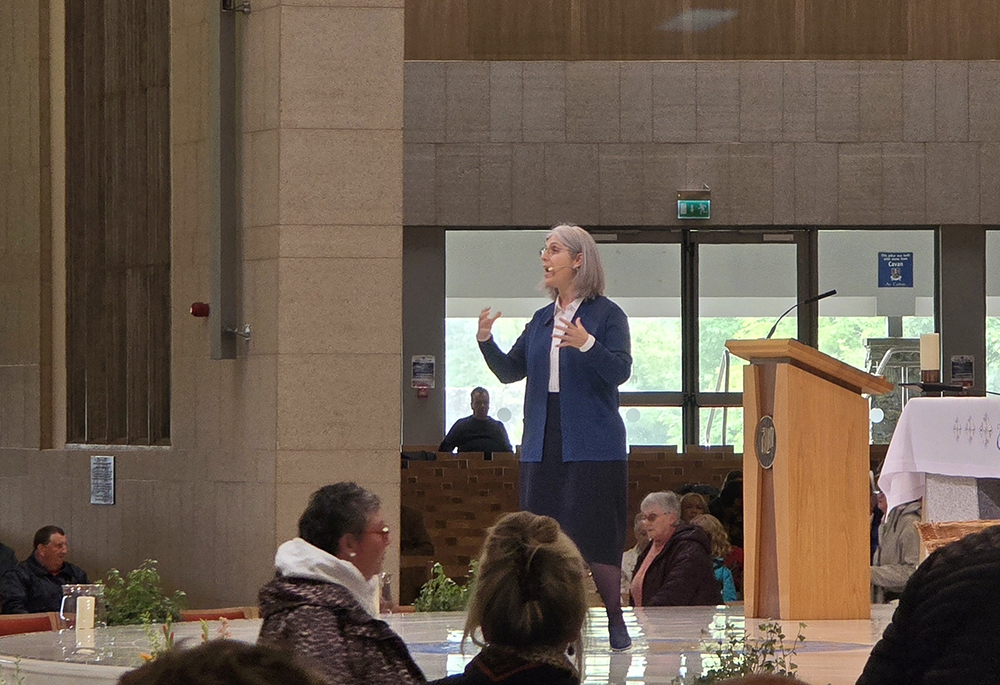 Sr Ângela de Fátima Coelho da Rocha addresses pilgrims at the All Ireland Rosary Rally 2026 and tells them about Fatima's call to promote peace in the world through praying the rosary and the First Saturday devotion. (Sarah Mac Donald)