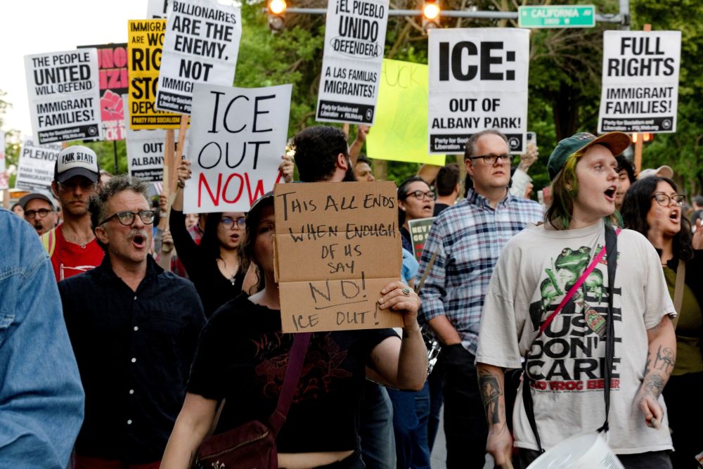Demonstrators opposed to U.S. Immigration and Customs Enforcement, or ICE, march through the streets during a protest in the Albany Park neighborhood of Chicago June 3, 2026, against immigration enforcement operations by federal agents. (OSV News photo/Jim Vondruska, Reuters)