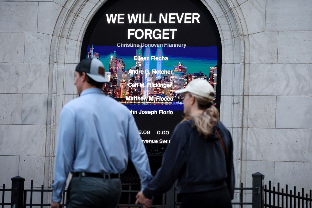 The names of victims scroll across a screen at the New York Stock Exchange in New York City Sept. 11, 2025, on the 24th anniversary of the 9/11 terrorist attacks on the United States. (OSV News/Reuters/Brendan McDermid)