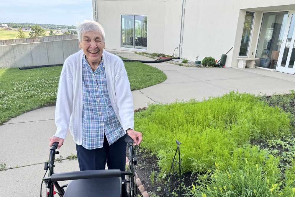 Sr. Ida Hericks, 91, stands for a photo on the Harmony Hill campus on June 10, 2026, in Watertown, S.D. (South Dakota News Watch/Bart Pfankuch)