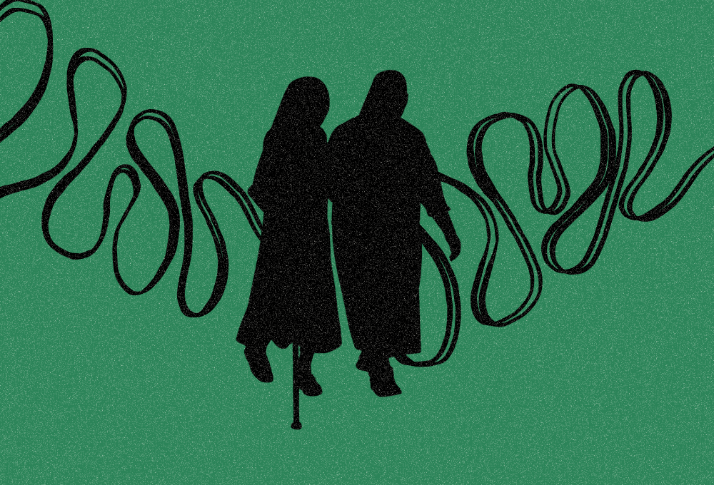 Illustration shows two figures walking together.