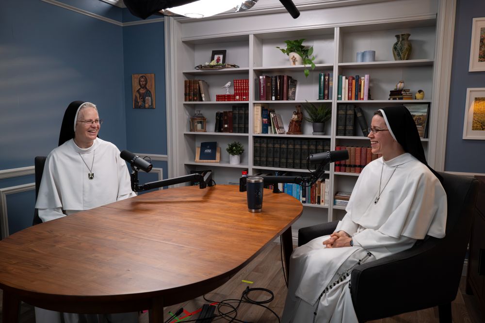 Dominican Srs. of Mary, Mother of the Eucharist Miriam Holzman (right) and John Dominic Rasmussen sit in the studio for "Dominican Sisters Open Mic" podcast in September 2026 (Courtesy of Openlight Media)