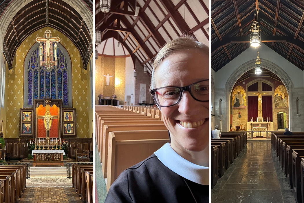 A few of Sr. Kathryn Press's home churches: From left, St. Cecilia Church in Cincinnati, Ohio; Mount Sacred Heart Chapel in Hamden, Connecticut; and St. Jude Parish in Pittsburgh, Pennsylvania. (Photos courtesy of Sr. Kathryn Press)