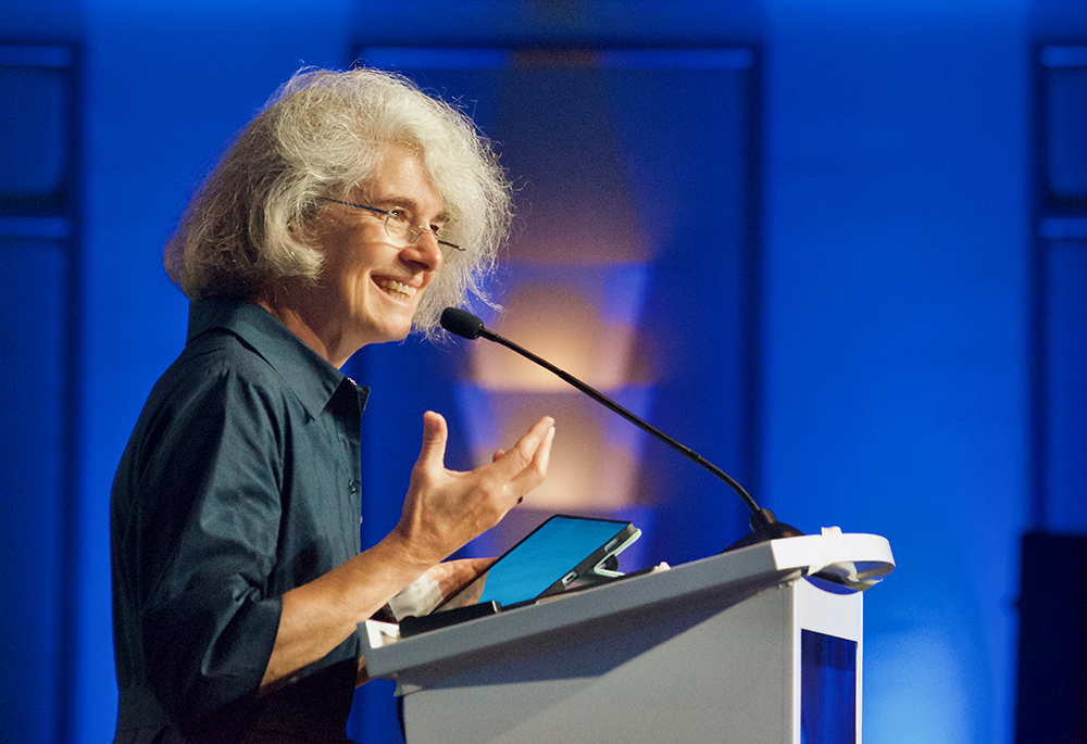 Xavière Missionary Sr. Nathalie Becquart, undersecretary of the Synod of Bishops at the Vatican, speaks Aug. 12 in Orlando, Florida, to the Leadership Conference of Women Religious' annual assembly. (GSR/Dan Stockman)