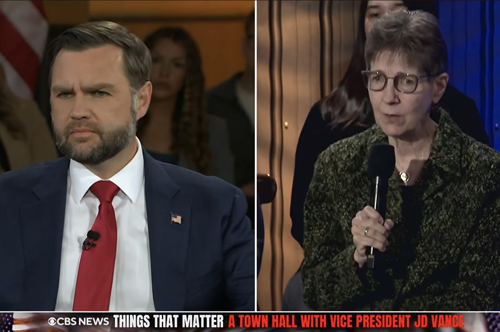 Sr. Nancy Sylvester, of the Sisters, Servants of the Immaculate Heart of Mary, asks U.S. Vice President JD Vance a question about immigration during an Oct. 15, 2026, town hall event in Flat Rock, Michigan, that aired on CBS Oct. 17. (OSV News screenshot/CBS News YouTube)