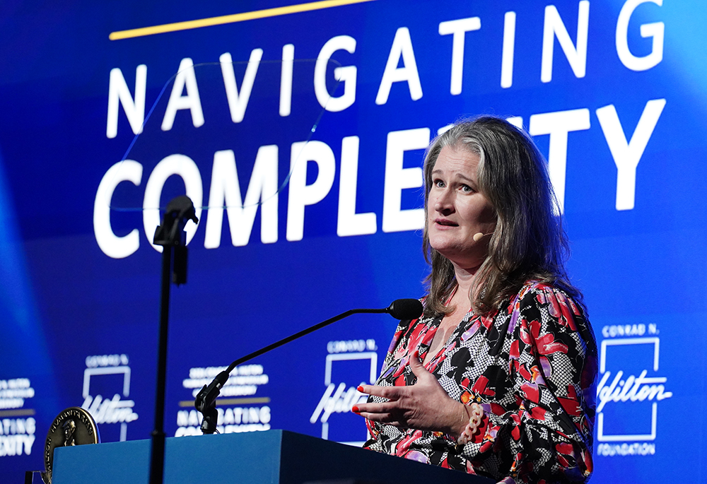 Lisha McCormick, the CEO of Last Mile Health, delivers acceptance remarks during the Oct. 6, 2026, ceremony at the Beverly Hilton that awarded her group the 2026 Conrad N. Hilton Humanitarian Prize. (AP Content Services for Conrad N. Hilton Foundation/Jordan Strauss)