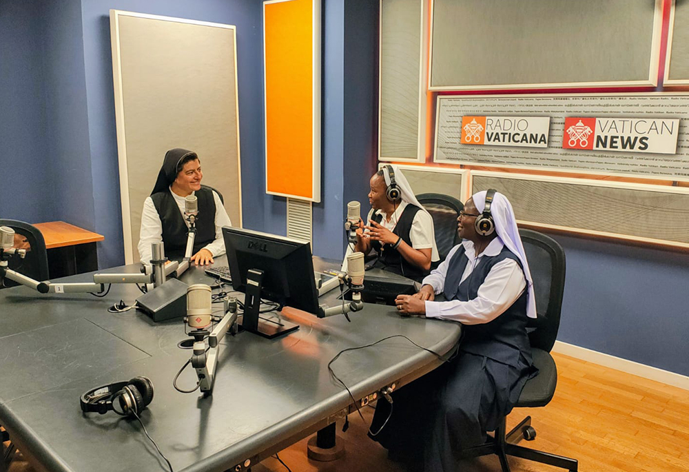 Srs. Rocío García Villegas, Christine Masivo and Angella Rwezaula, participants in the Pentecost Project, are pictured during their communications training at the Vatican News studios in the Dicastery for Communication at the Vatican. (Courtesy of Sr. Rocío García Villegas)