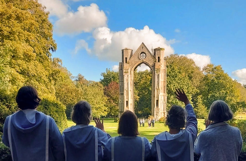 Sisters of the Community of Our Lady of Walsingham gather on the Abbey Grounds in Walsingham, England, site of the original Shrine to Our Lady of Walsingham. (Courtesy of Community of Our Lady of Walsingham)