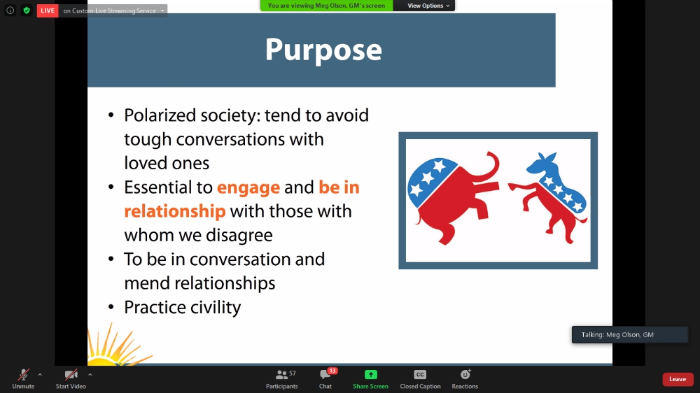Skills and tips from the webinar were to help avoid polarizing rhetoric when discussing difficult topics with love ones. (GSR screenshot)