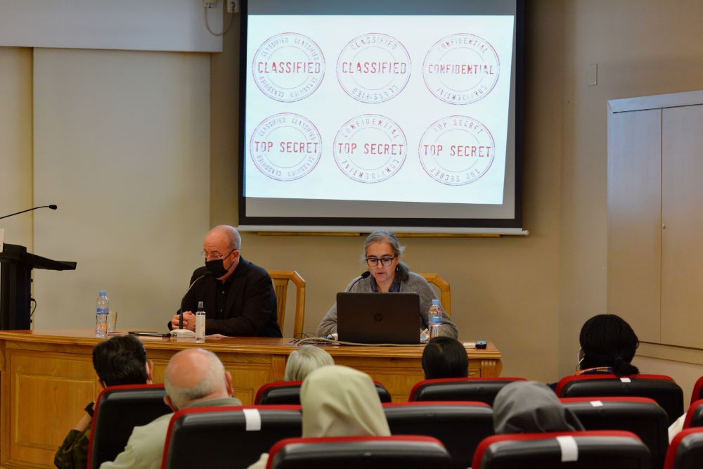 Sr. Ianire Angulo Ordorika of the Handmaids of Most Holy Eucharist and the Mother of God speaks at an Oct. 21 lecture at the Pontifical University of Salamanca's Madrid campus. (Courtesy of the Theological Institute of Religious Life)