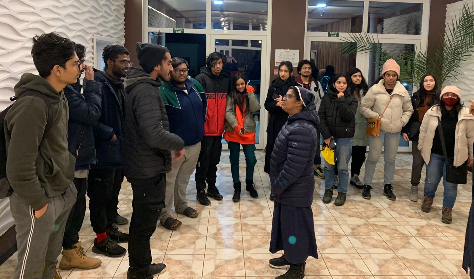 Sr. Ligi Payyappilly stands with rescued students at her convent at Mukachevo in western Ukraine, bordering Romania, Hungary and Slovakia. (Courtesy of Ligi Payyappilly)