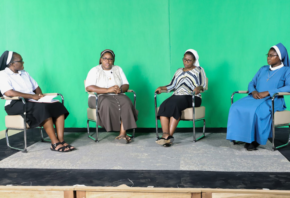 Sisters hold a panel discussion on Loyola Television Zambia Nov. 16,2021: from left, Sr. Astridah Banda; Sr. Elvine Msimuko; Sr. Kayula Lesa; and Sr. Sylvia Mulenga. (Sr. Eucharia Madueke) Sisters hold a panel discussion on Loyola Television Zambia Nov. 16,2021: from left, Sr. Astridah Banda; Sr. Elvine Msimuko; Sr. Kayula Lesa; and Sr. Sylvia Mulenga. (Sr. Eucharia Madueke)