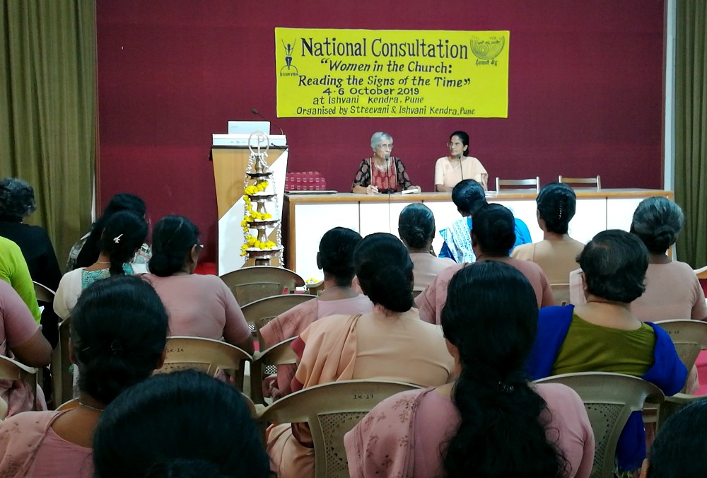 Laywoman theologian Virginia Saldanha (left) and Sr. Santana Pereira, a Salesian Sister of Don Bosco, address women religious attending "Women in the Church: Reading the Signs of the Time" at Ishvani Kendra, Pune, western India. (Saji Thomas)