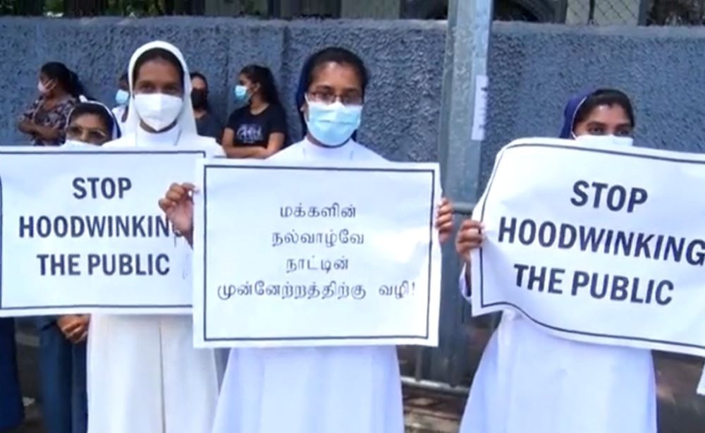 Sisters participate in a protest rally in Colombo, Sri Lanka, on April 6. Hundreds of sisters and priests joined the people’s rally in Colombo in solidarity. (Courtesy of Dulce Peiris)