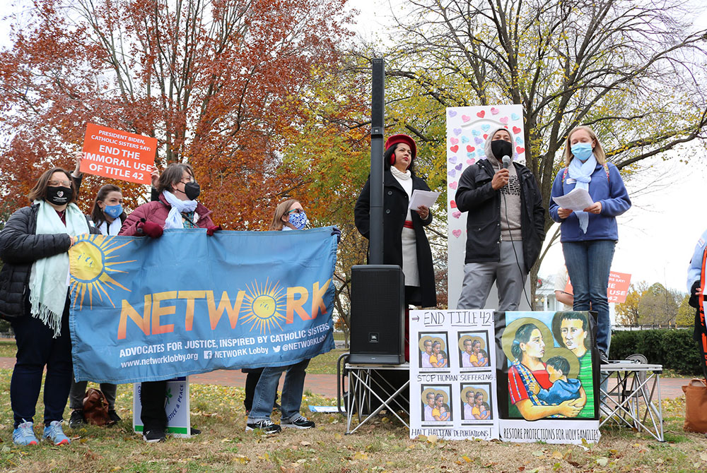 Catholic sisters listen to a father named Santiago speak Dec. 3 in Washington. Santiago, 37, spoke about his family's journey from Honduras to Mexico and, eventually for him and his youngest son, to the United States. (Courtesy of Network Lobby)