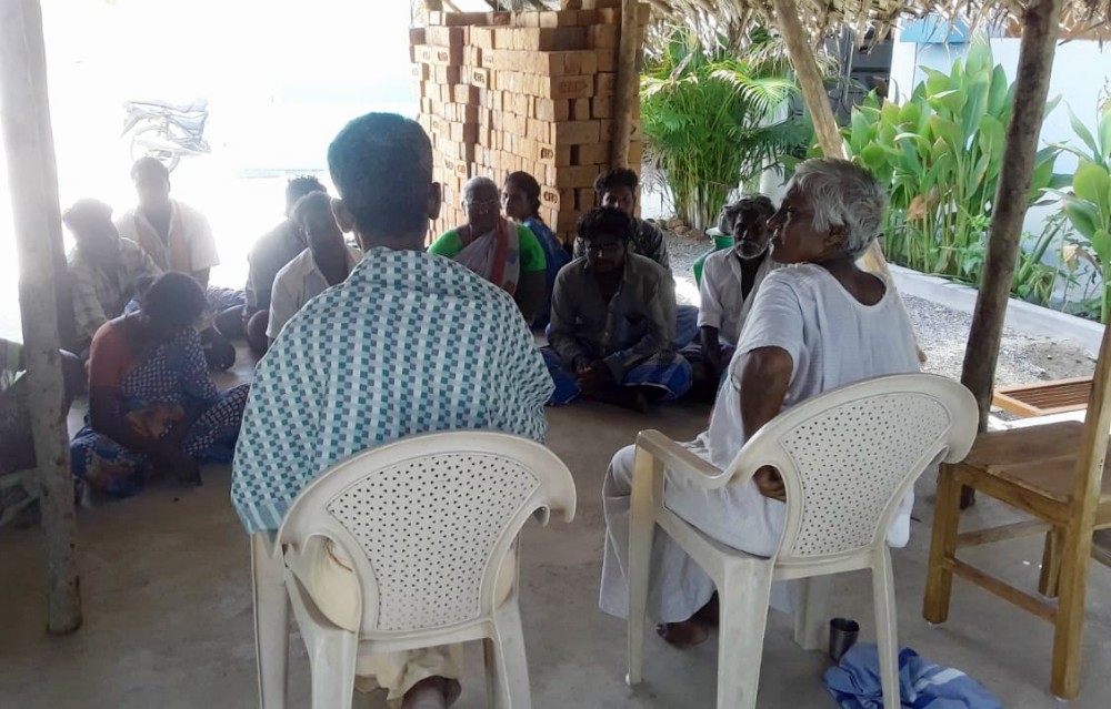 Sr. Anthonysami Alphonsa (sitting on the chair at right) at a meeting of Thurumbars, traditionally washer men and women, in the southern state of Tamil Nadu, India (Provided photo)