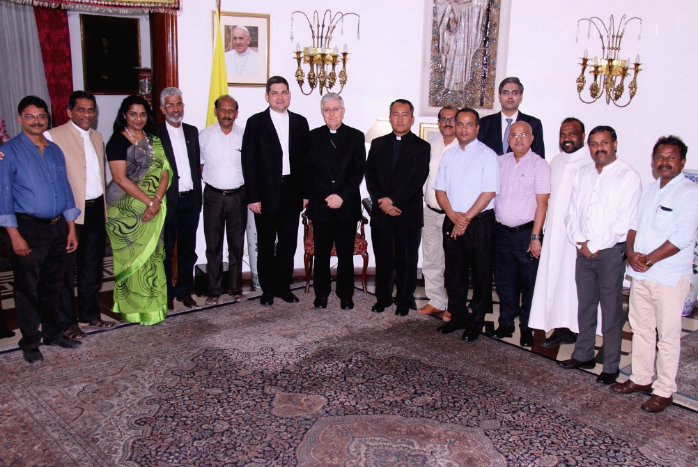 Archbishop Giambattista Diquattro (center), who was apostolic nuncio to India and Nepal from Jan. 21, 2017, to Aug. 29, 2020, with a group of Christian media persons in New Delhi on April 25, 2018 (Provided photo) Archbishop Giambattista Diquattro (center), who was apostolic nuncio to India and Nepal from Jan. 21, 2017, to Aug. 29, 2020, with a group of Christian media persons in New Delhi on April 25, 2018 (Provided photo)