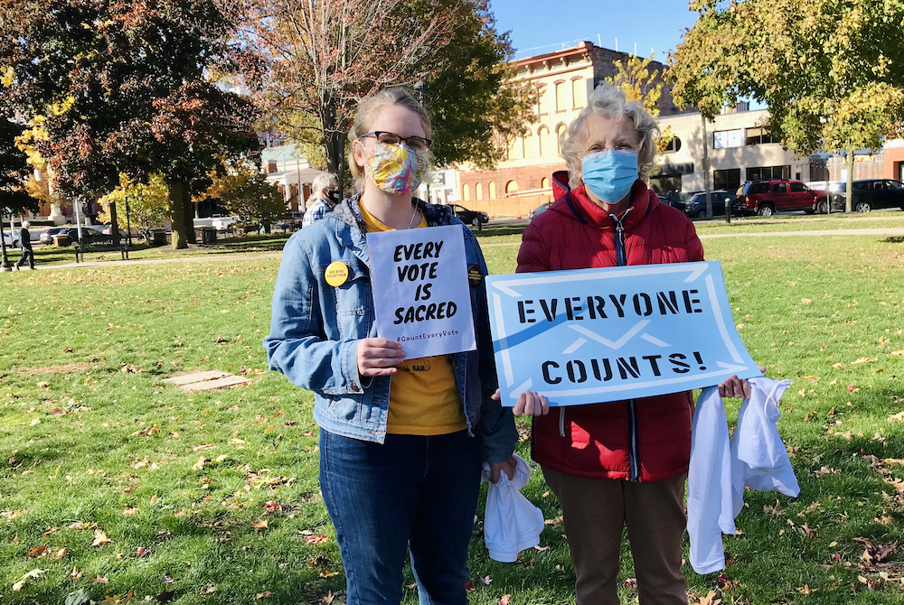 Katie Gordon, left, and Benedictine Sr. Rosanne Lindal-Hynes at a Count Every Vote rally Nov. 4, 2020, in Erie, Pennsylvania. (Provided photo)
