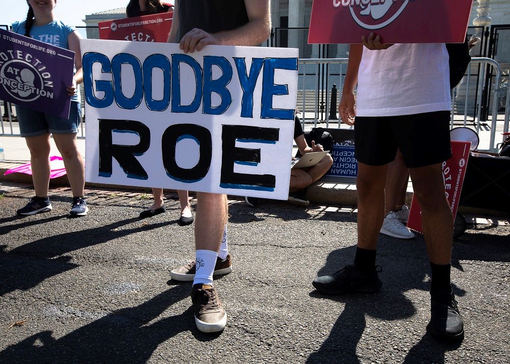 Demonstrators in favor of banning abortion gather June 15 near the Supreme Court in Washington. (CNS/Tyler Orsburn)