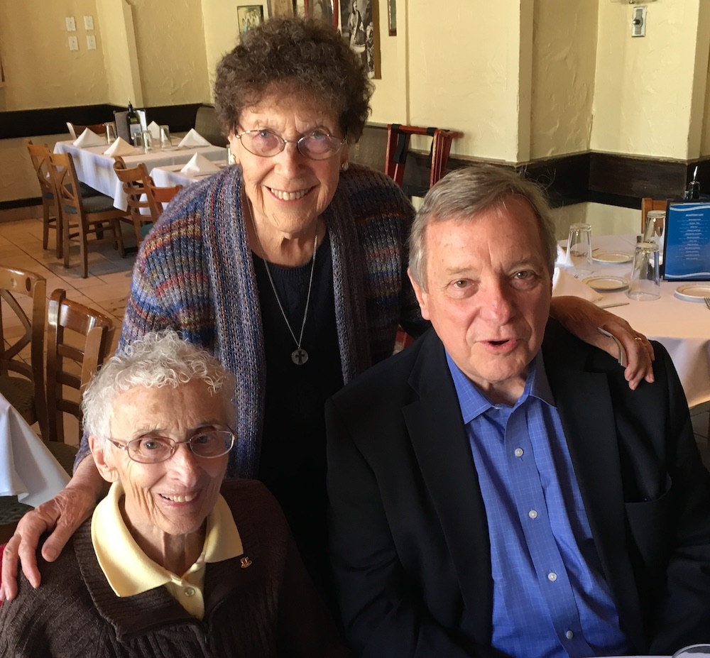Mercy Sr. Pat Murphy, left, celebrates her 90th birthday on April 20, 2019, with Mercy Sr. JoAnn Persch and Sen. Dick Durbin, D-Illinois, in Chicago. (Courtesy of JoAnn Persch)