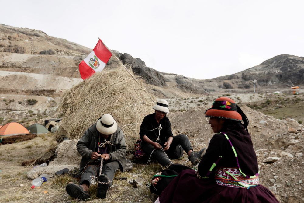 Members of Indigenous communities camp on the property of Chinese-owned Las Bambas copper mine in Peru on April 26. (CNS/Reuters/Angela Ponce)