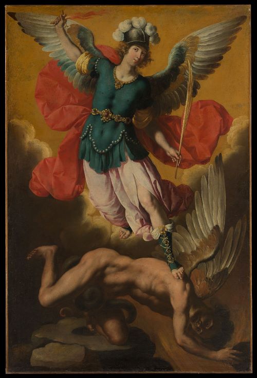 St. Michael the Archangel expels Lucifer from heaven in this 1640s oil painting by Ignacio de Ries. (Metropolitan Museum of Art)