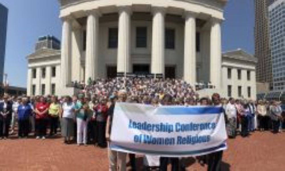 About 800 sister leaders from the Leadership Conference of Women Religious gather Aug. 10, 2018, on the steps of the Old Courthouse in downtown St. Louis after reaffirming a 2016 resolution against racism as part of their annual assembly.