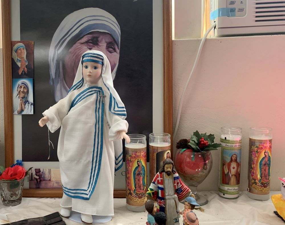 A picture of St. Teresa of Kolkata and other items related to Mother Teresa and her community, the Missionaries of Charity decorate Sr. Margaret Castro's office at St. Rita Catholic Church in San Diego. 