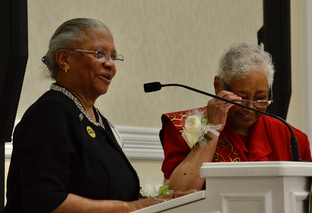 Sr. Addie Lorraine Walker speaks July 27 to members of the National Black Sisters' Conference, at the University of Notre Dame. Walker was elected president of the group at the meeting. At right is outgoing president Sr. Josita Colbert. (GSR)