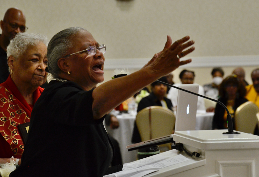 Sr. Addie Lorraine Walker of the School Sisters of Notre Dame speaks July 27 to members of the National Black Sisters' Conference, which gathered July 23-28 at the University of Notre Dame. Walker was elected president of the group at the meeting. (GSR) Sr. Addie Lorraine Walker of the School Sisters of Notre Dame speaks July 27 to members of the National Black Sisters' Conference, which gathered July 23-28 at the University of Notre Dame. Walker was elected president of the group at the meeting. (GSR)