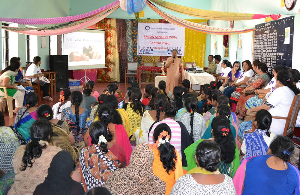 Sr. Adele Korah, a member of the Sisters of Charity of Sts. Bartolomea Capitanio and Vincenza Gerosa and a volunteer of Prison Ministry India, addresses a meeting of the families of prisoners in Bengaluru, India, in 2021. (Courtesy of Adele Korah)