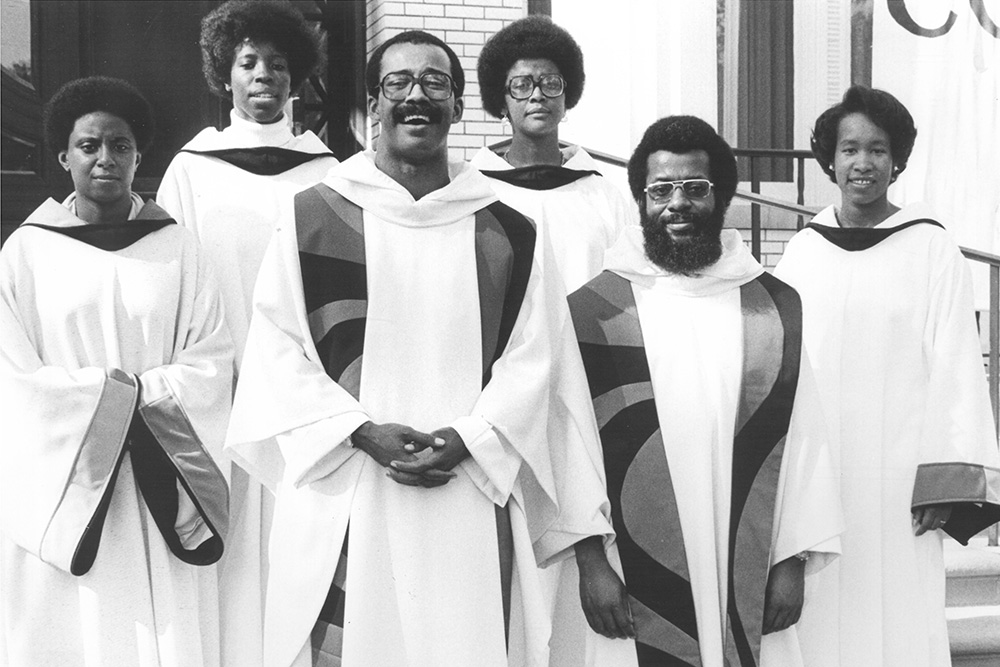 From left: Dominican Sr. Shawn Copeland, Dominican Sr. Jamie Phelps, Dominican Fr. Reginald Whitt, Dominican Sr. Maria del Rey Plain, Dominican Fr. Jerome Robinson and Dominican Sr. Cheryll Delahoussaye on the day of Copeland's final profession in 1977