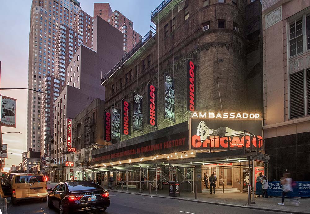 Pre-pandemic, the Ambassador Theatre in New York City in 2019 (Wikimedia Commons/Ajay Suresh)