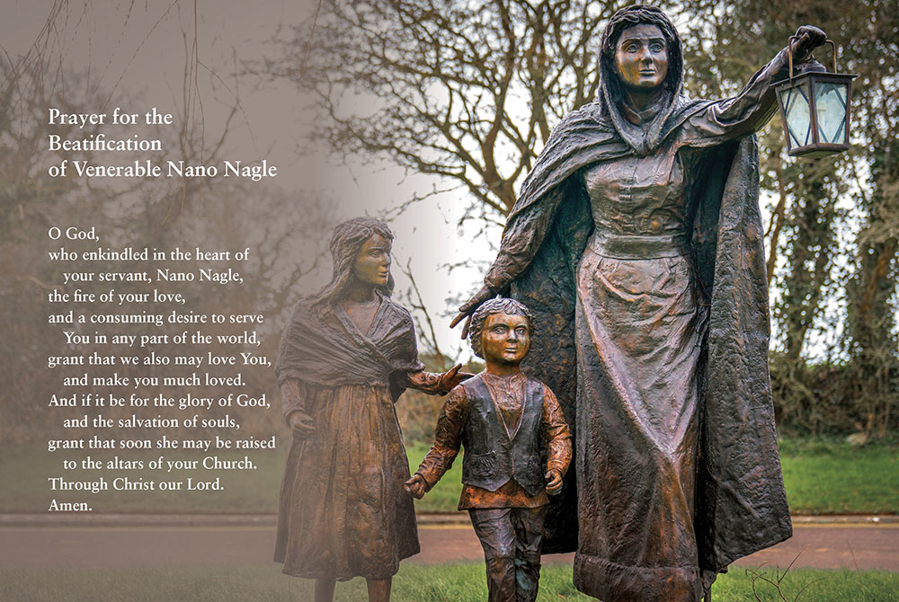 Prayer for the canonization of Nano Nagle with sculpture by Annette McCormack, located at Nano's birthplace in Ballygriffin, County Cork (© Liam O'Connell and Messenger Publications.ie)