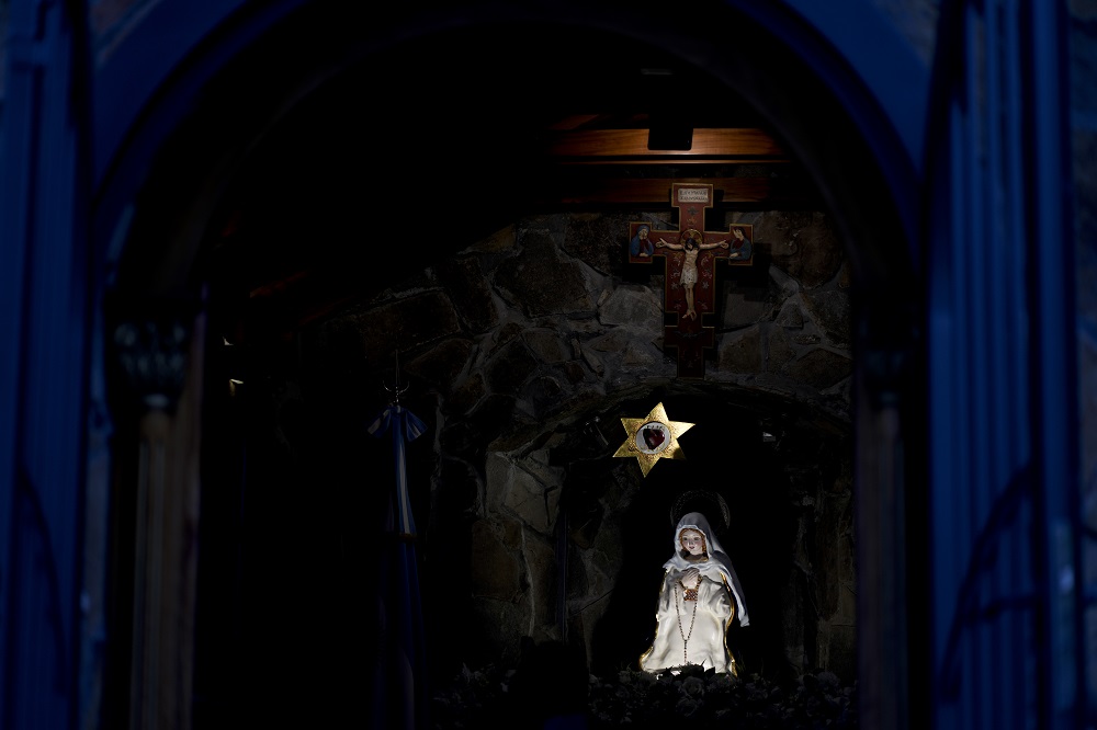 A statue of the "Virgen del Cerro," formally called La Inmaculada Madre Del Divino Corazón Eucarístico De Jesús, sits at her sanctuary May 2 in Salta, Argentina. (AP/Natacha Pisarenko)