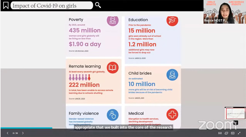 One of the four hosts of the July 30 webinar on the rights of girls in Asia and the Pacific presents statistics on how the COVID-19 pandemic has affected girls. (GSR screenshot)