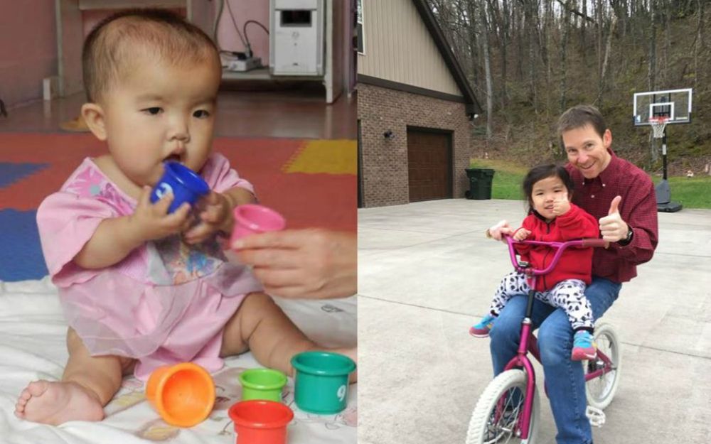 Left: Teagan plays with cups as an infant in China. Right: Teagan at age 5 with her father, Billy Worley. 