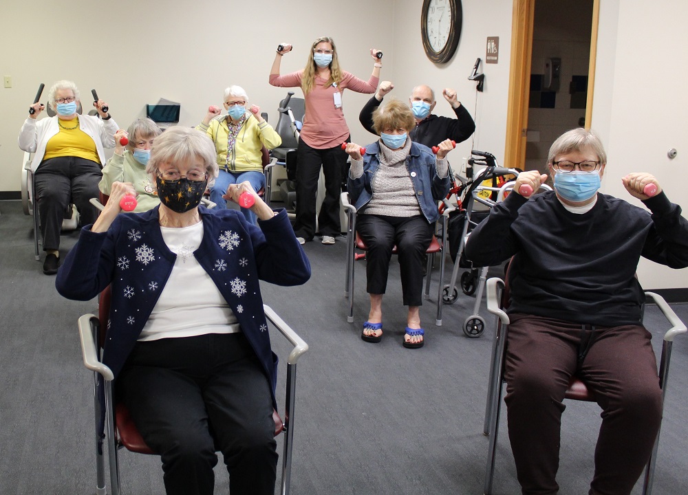 Residents at Benedictine Living Community in Winona, Minnesota, participate in a strengthening exercise class. (Courtesy of Benedictine)