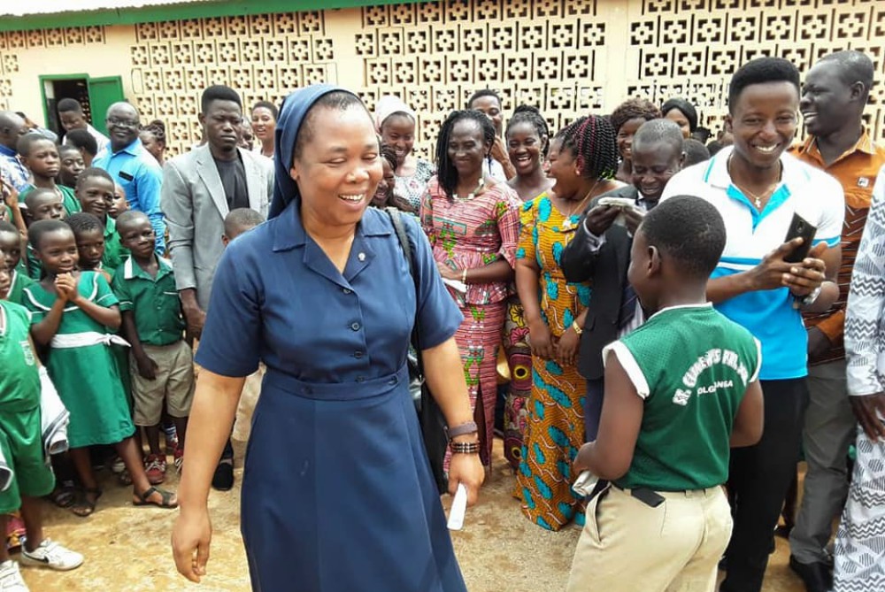 Sr. Bernardine Pemii with students at a rural school in northern Ghana during a training on child protection for teachers (Courtesy of Sr. Bernardine Pemii)