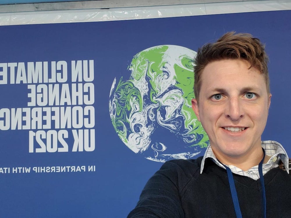 NCR environment correspondent Brian Roewe takes a final selfie before heading home from the U.N. climate conference in Glasgow, where he spoke with Catholic climate activists who echo Pope Francis' call for strong action to stem global warming. (EarthBeat