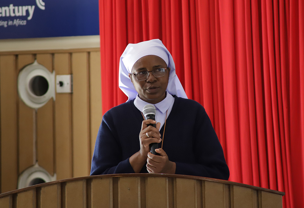 Sr. Bridgita Samba speaks to members of the Hilton Foundation, the Strathmore University Business School faculty and other women religious attending the Sisters' Blended Value Project launch April 27 at the university in Nairobi, Kenya. (Wycliff Oundo)