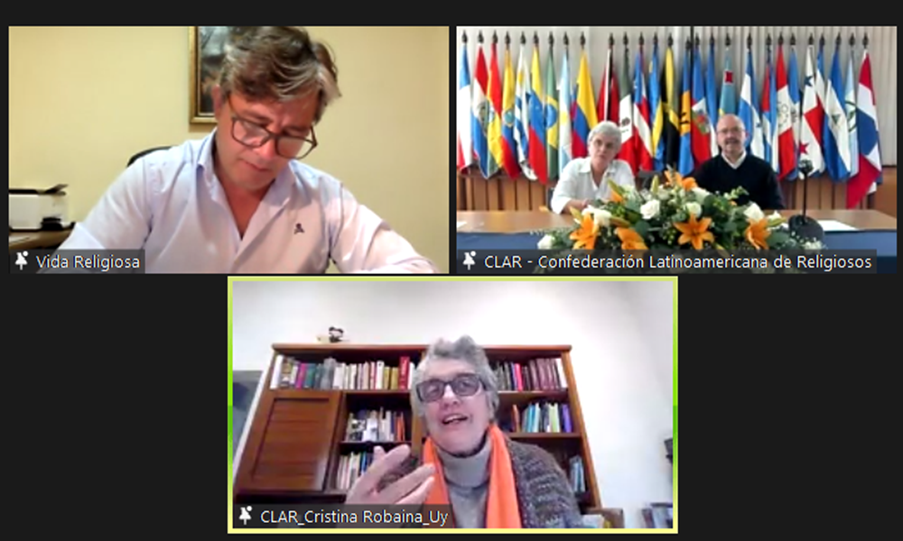 CLAR 2021 Luis Alberto Gonzalo Diez Sr. Cristina Robaina, Company of St. Teresa of Jesus and a member of the CLAR team of advisory theologians, bottom, reflects on the Aug. 13 keynote address of Claretian Missionary Luis Alberto Gonzalo Díez, director of Vida Religiosa, top left (GSR)
